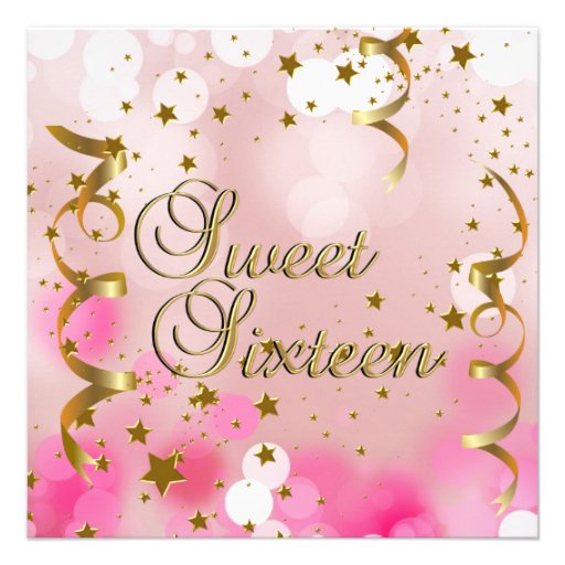 Sweet Sixteen 16 Birthday Party Pink Gold Stars Personalized Invites