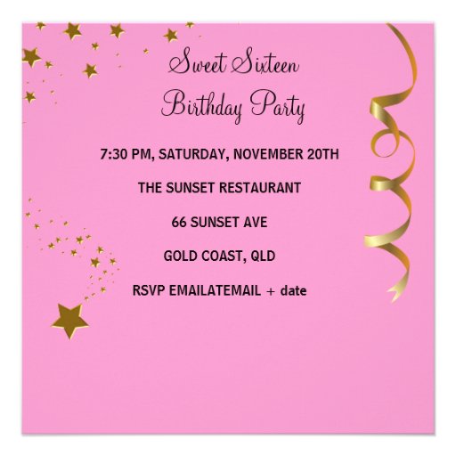 Sweet Sixteen 16 Birthday Party Pink Gold Stars Personalized Invites