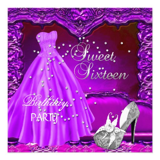 Sweet Sixteen 16  Birthday Party Purple Dress Gown Announcements