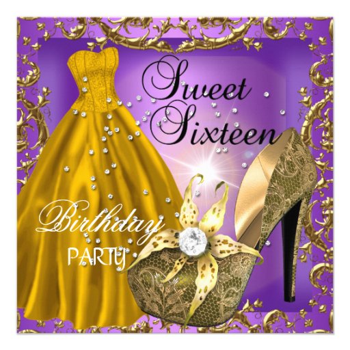 Sweet Sixteen 16  Birthday Party Purple Gold Dress Personalized Invitation