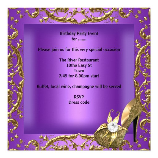 Sweet Sixteen 16  Birthday Party Purple Gold Dress Personalized Invitation