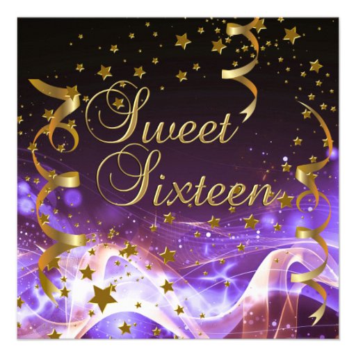 Sweet Sixteen 16 Birthday Party Purple Gold Stars Personalized Invite