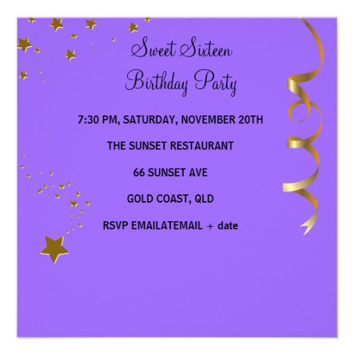 Sweet Sixteen 16 Birthday Party Purple Gold Stars Personalized Invite