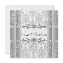 Sweet Sixteen 16 Birthday Party Silver White Pearl Personalized Invitations