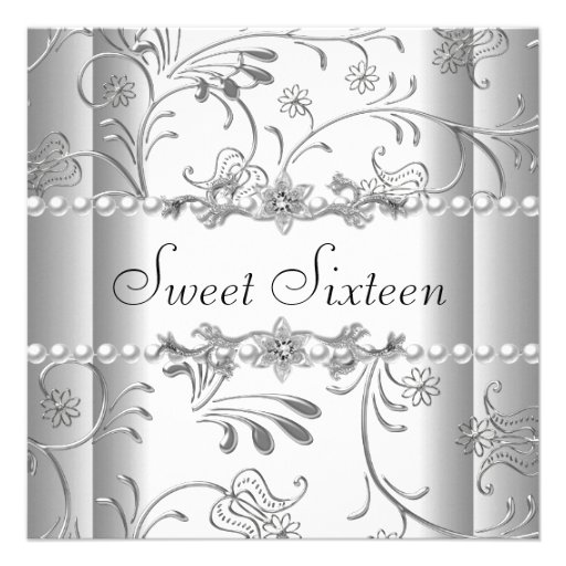 Sweet Sixteen 16 Birthday Party Silver White Pearl Invitations