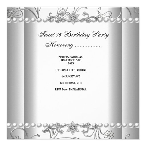 Sweet Sixteen 16 Birthday Party Silver White Pearl Invitations