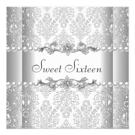 Sweet Sixteen 16 Birthday Party Silver White Pearl Personalized Invitations