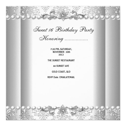 Sweet Sixteen 16 Birthday Party Silver White Pearl Personalized Invitations