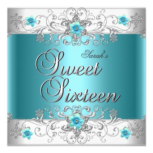 Sweet Sixteen 16 Birthday Party Teal Blue Diamond Announcement (front side)