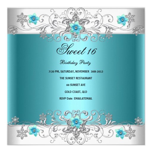 Sweet Sixteen 16 Birthday Party Teal Blue Diamond Announcement