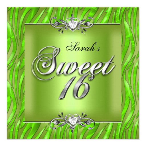 Sweet Sixteen 16 Birthday Zebra Lime Green Invitation