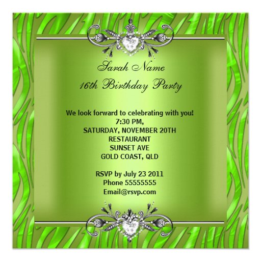 Sweet Sixteen 16 Birthday Zebra Lime Green Invitation