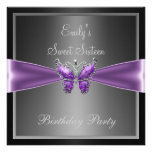 Sweet Sixteen 16 Black Grey Purple Butterfly Birth Custom Invitations