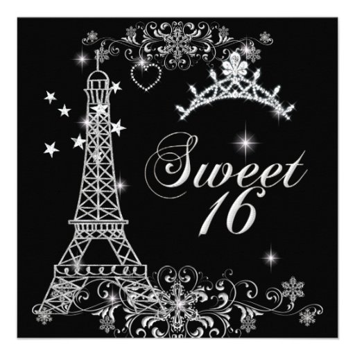 Sweet Sixteen 16 Black Silver Glitter Eiffel Tower Custom Invite