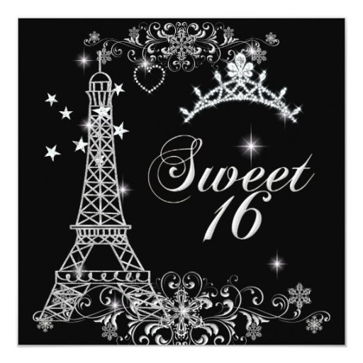 sweet sixteen 16 black silver glitter eiffel tower 5 25 free invitation makers