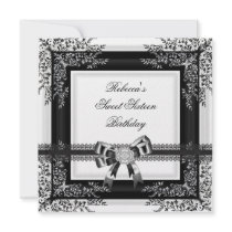 Sweet Sixteen 16 Black White Lace Floral Diamond Invite