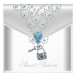 Sweet Sixteen 16 Elegant White Silver Blue Jewel Invitation