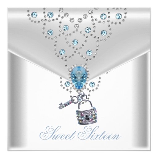 Sweet Sixteen 16 Elegant White Silver Blue Jewel Invitation (front side)