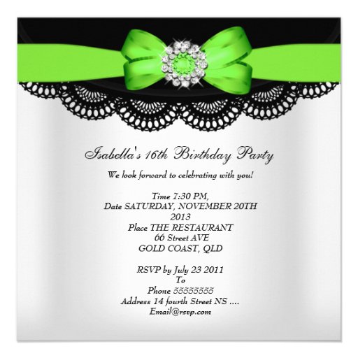 Sweet Sixteen 16 Lime Black White Lace Custom Invitation