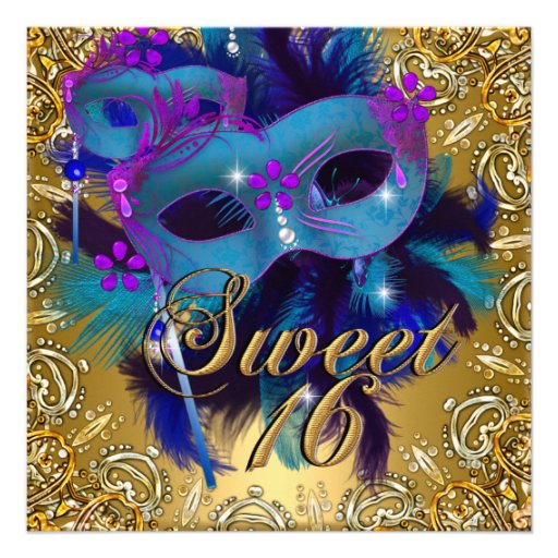 Sweet Sixteen 16 Masquerade Blue Gold Purple Personalized Invite