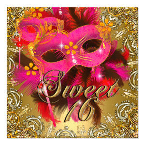 Sweet Sixteen 16 Masquerade Coral Pink Gold Invitations