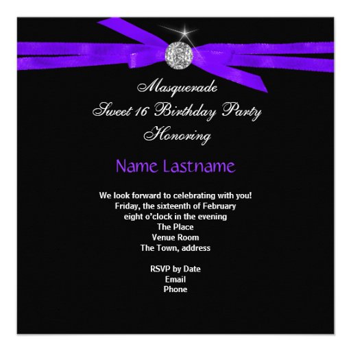 Sweet Sixteen 16 Masquerade Purple Black Personalized Announcements