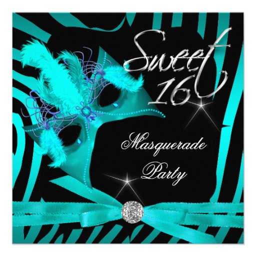 Sweet Sixteen 16 Masquerade Teal Zebra Personalized Invitations