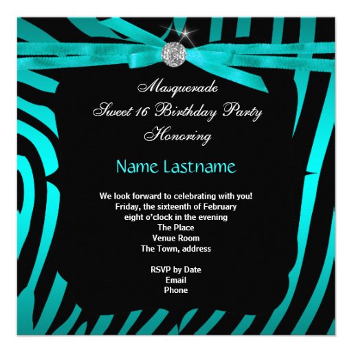 Sweet Sixteen 16 Masquerade Teal Zebra Personalized Invitations