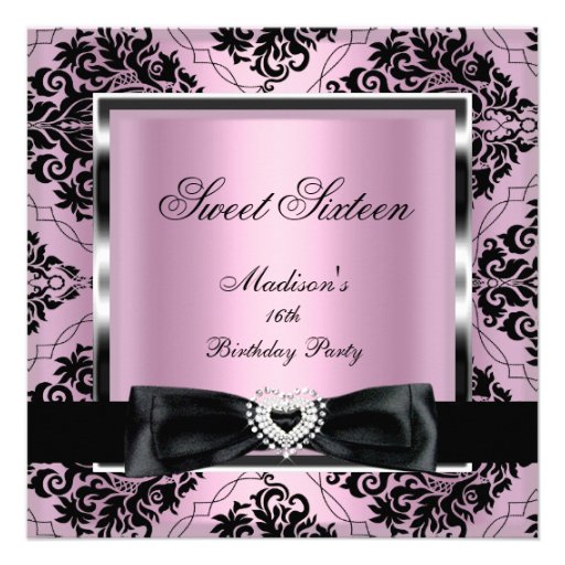 Sweet Sixteen 16 Party Pink Damask Silver Black Custom Announcements