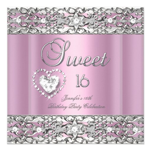 Sweet Sixteen 16 Party Pink Silver Diamond Custom Invite