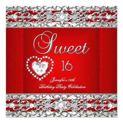 Sweet Sixteen 16 Party Red Silver Diamond Custom Announcements