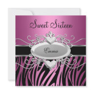 Sweet Sixteen 16 Party Silver Pink Black Zebra invitation