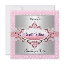 Sweet Sixteen 16 Party Silver Pink White Spot Custom Announcements