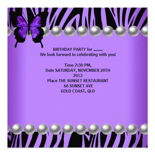 Sweet Sixteen 16 Party Zebra Pearl Butterfly Custom Invites