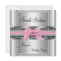 Sweet Sixteen 16 Pink Lace Silver Pearl Leopard Personalized Invitations