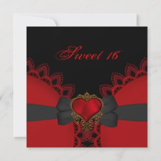 Sweet Sixteen 16 Red Black Lace Heart Gothic zazzle_invitation