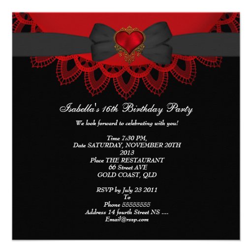 Sweet Sixteen 16 Red Black Lace Heart Gothic Invites