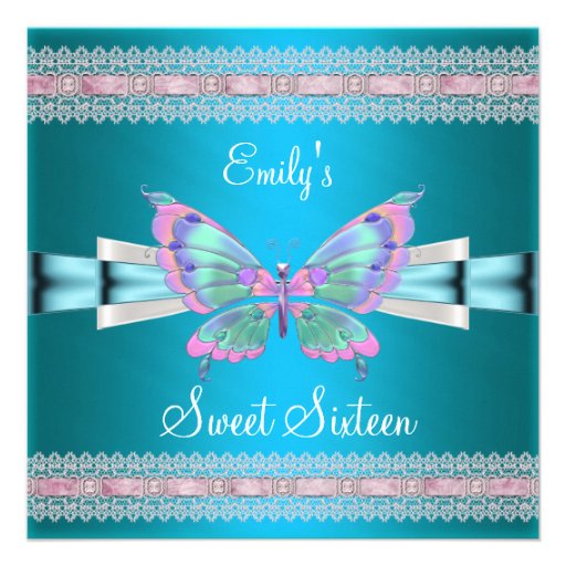 Sweet Sixteen 16 White Teal Blue Pink Butterfly Custom Invitation (front side)