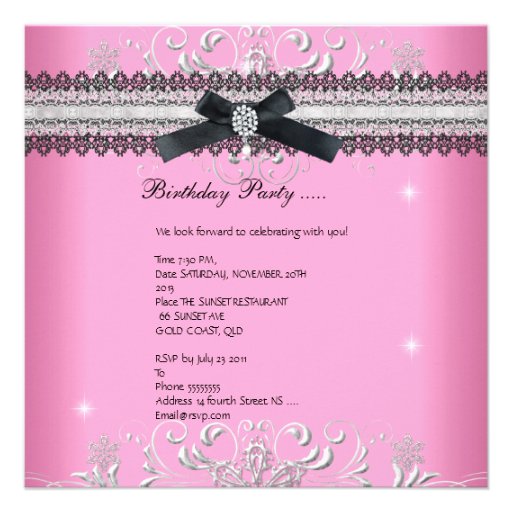 Sweet Sixteen 16th Pink Glitter Tiara Black Bow Custom Announcement