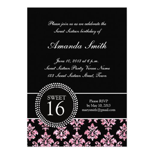 SWEET SIXTEEN, BABY PINK GLITTER,  BLACK DAMASK CUSTOM INVITATION