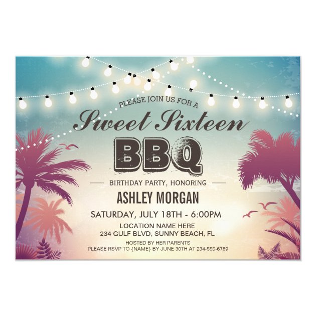 Sweet Sixteen BBQ Party Summer String Lights Card (front side)