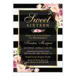 Sweet Sixteen Beautiful Floral Black White Stripes Card