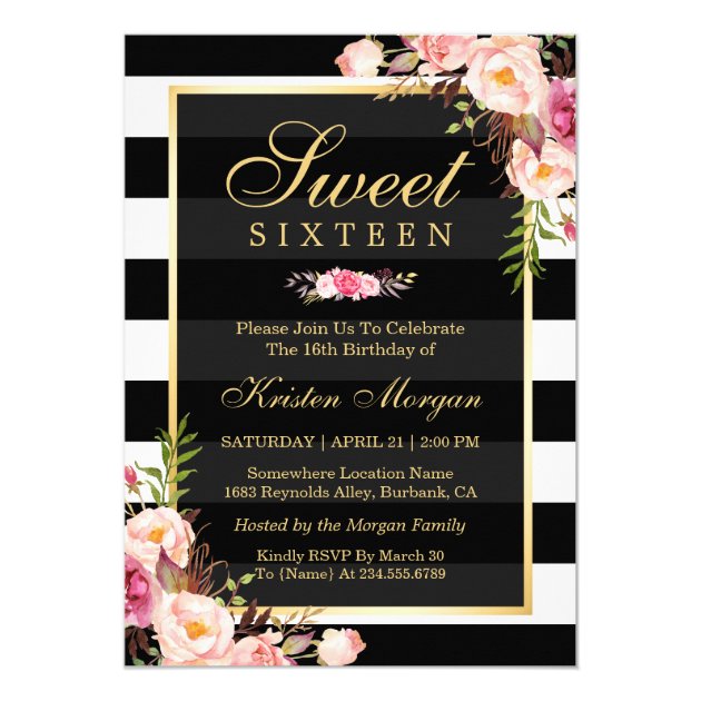Sweet Sixteen Beautiful Floral Black White Stripes Card (front side)