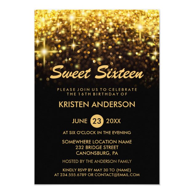 Sweet Sixteen Birthday Gold Glitter Glam Sparkles Card (front side)