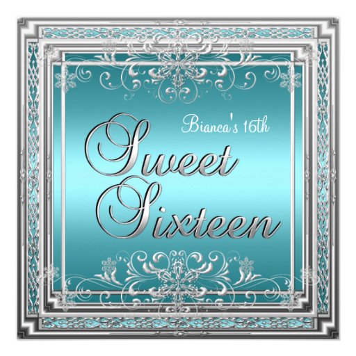 Sweet Sixteen Birthday Teal Blue Silver Teen Girl Custom Invitations