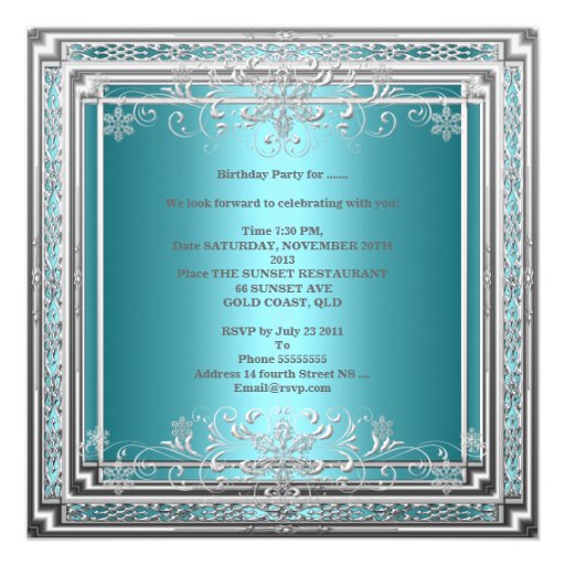 Sweet Sixteen Birthday Teal Blue Silver Teen Girl Custom Invitations