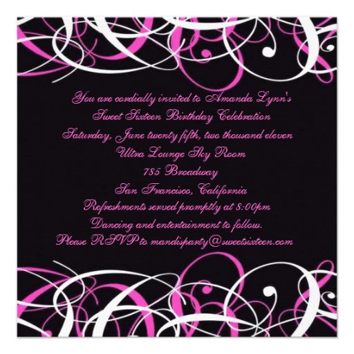 Sweet Sixteen Black and Pink Swirl Birthday Invite