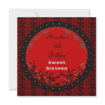 Sweet Sixteen Black Lace Floral Frame Red Custom Announcement