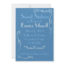 Sweet Sixteen,blue and white, invatation, simple invitations