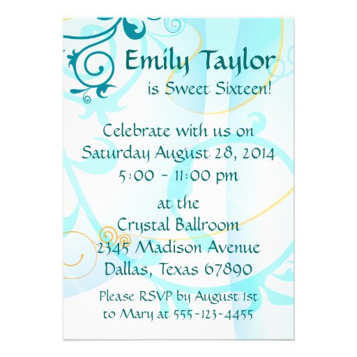 Sweet Sixteen Blue Swirls 16th Party Invitations